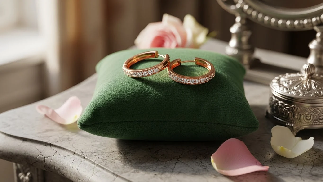 Gold hoop earrings on a green velvet cushion with soft pink petals” Not: